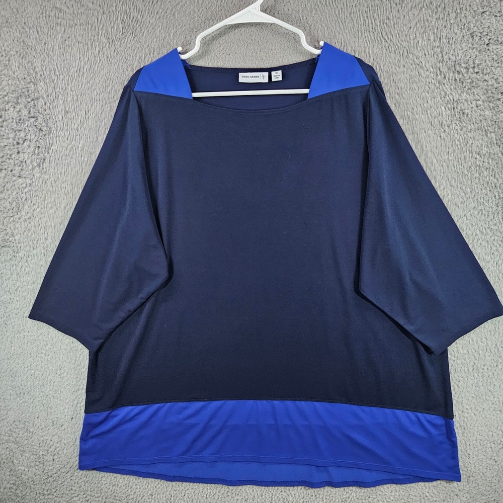 Susan Graver Liquid Knit Colorblock Tunic Top Navy Royal Blue Womens 3X 3/4 Slv